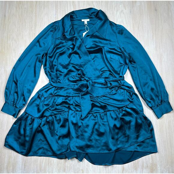NWT On 34th Teal Satin Wrap Long Sleeve Tie Waist Ruffle Hem Party Mini Dress 2X - Picture 1 of 15